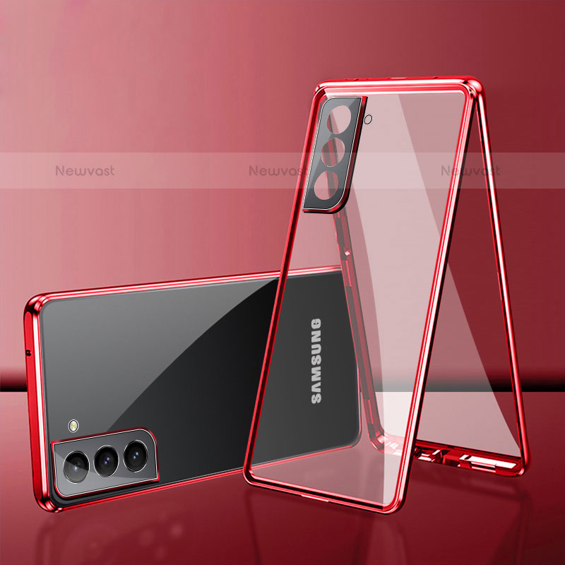 Luxury Aluminum Metal Frame Mirror Cover Case 360 Degrees M03 for Samsung Galaxy S21 FE 5G Red