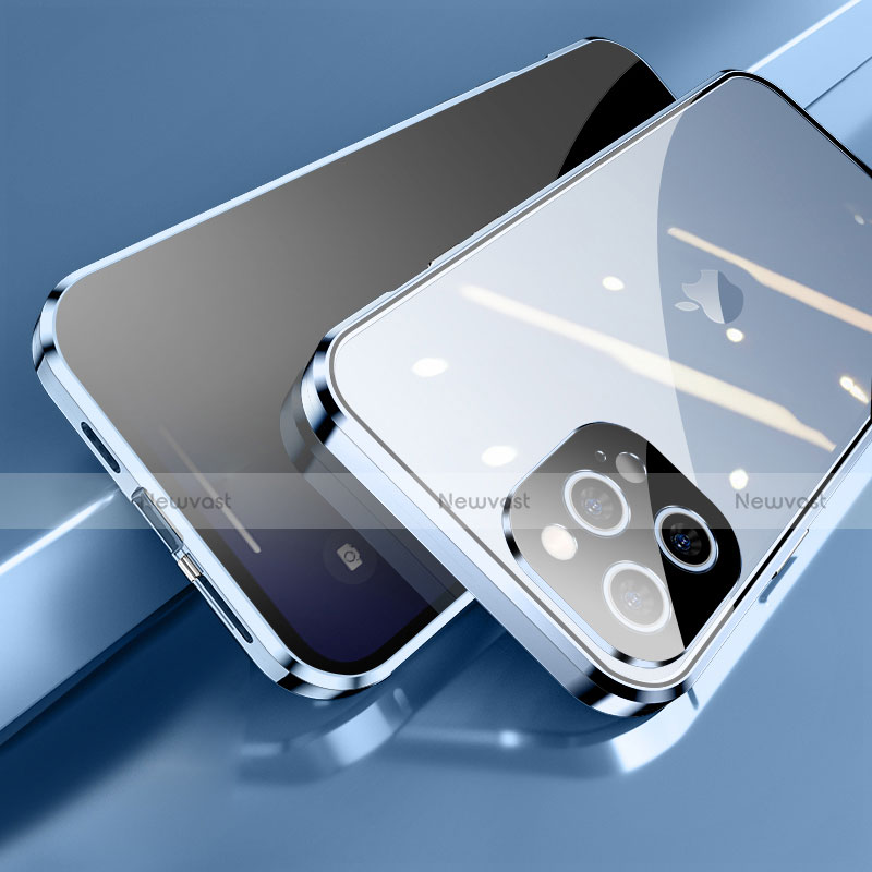 Luxury Aluminum Metal Frame Mirror Cover Case 360 Degrees M04 for Apple iPhone 13 Pro Blue