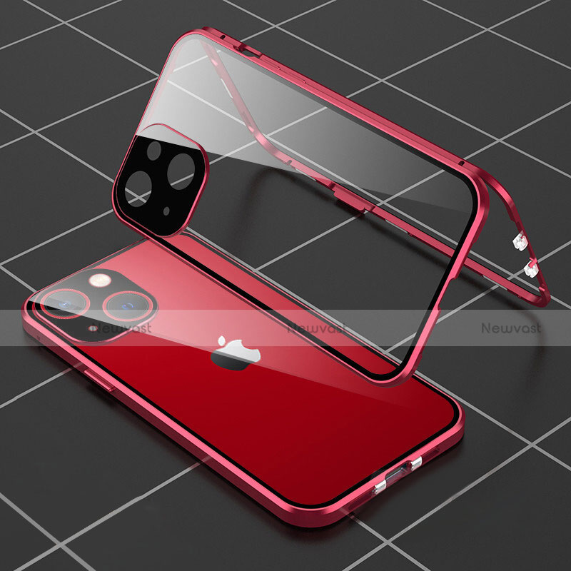 Luxury Aluminum Metal Frame Mirror Cover Case 360 Degrees M04 for Apple iPhone 13 Red