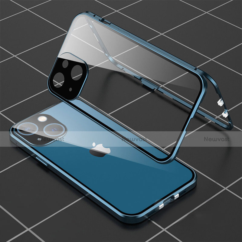 Luxury Aluminum Metal Frame Mirror Cover Case 360 Degrees M04 for Apple iPhone 14 Plus Blue