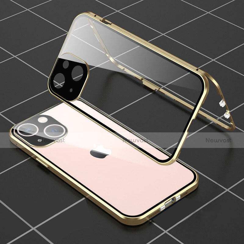 Luxury Aluminum Metal Frame Mirror Cover Case 360 Degrees M04 for Apple iPhone 14 Plus Gold