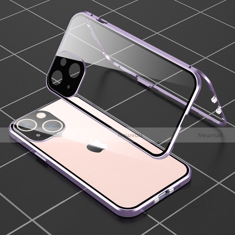 Luxury Aluminum Metal Frame Mirror Cover Case 360 Degrees M04 for Apple iPhone 14 Plus Purple