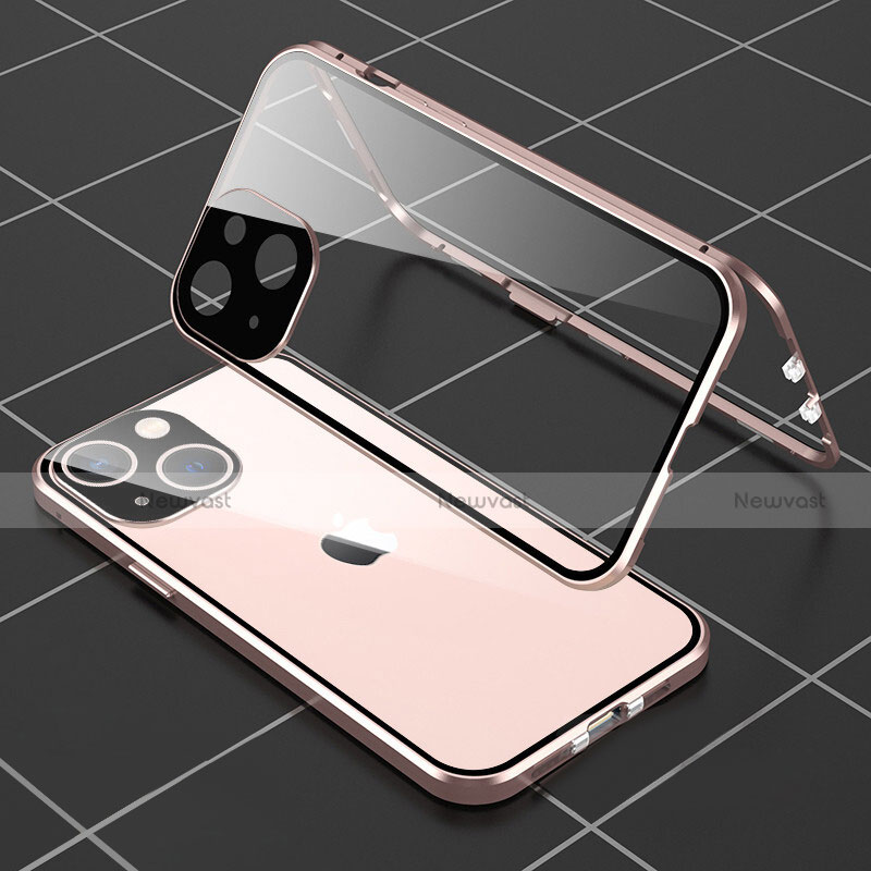 Luxury Aluminum Metal Frame Mirror Cover Case 360 Degrees M04 for Apple iPhone 14 Plus Rose Gold