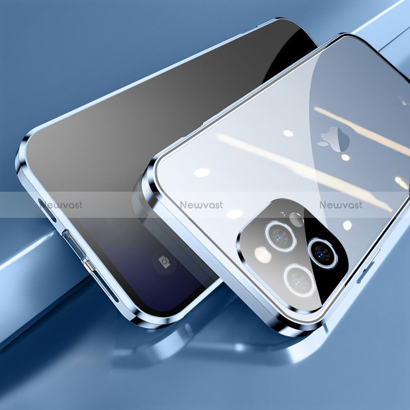 Luxury Aluminum Metal Frame Mirror Cover Case 360 Degrees M04 for Apple iPhone 14 Pro Max Blue