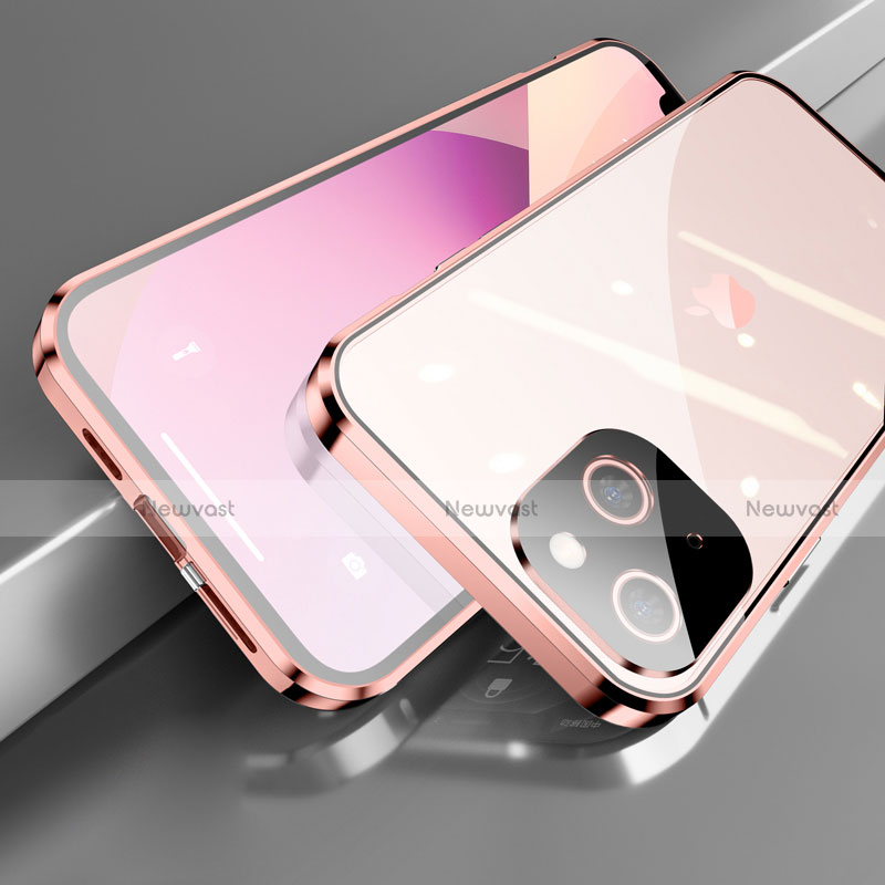 Luxury Aluminum Metal Frame Mirror Cover Case 360 Degrees M05 for Apple iPhone 13 Mini Rose Gold