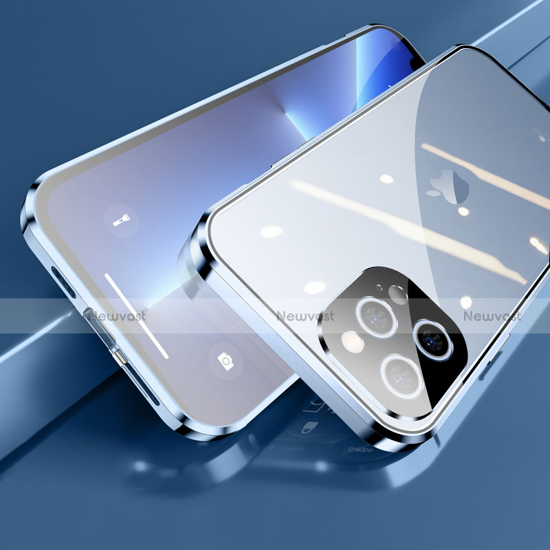 Luxury Aluminum Metal Frame Mirror Cover Case 360 Degrees M05 for Apple iPhone 13 Pro Max Blue