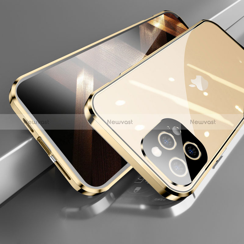 Luxury Aluminum Metal Frame Mirror Cover Case 360 Degrees M05 for Apple iPhone 14 Pro Gold
