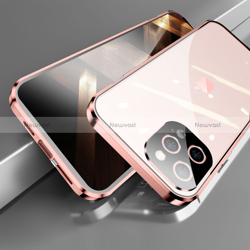 Luxury Aluminum Metal Frame Mirror Cover Case 360 Degrees M05 for Apple iPhone 14 Pro Max Rose Gold