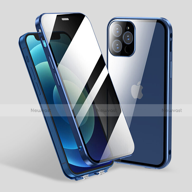 Luxury Aluminum Metal Frame Mirror Cover Case 360 Degrees M06 for Apple iPhone 13 Pro Max Blue