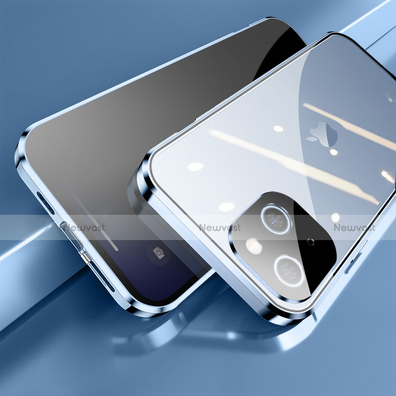 Luxury Aluminum Metal Frame Mirror Cover Case 360 Degrees M06 for Apple iPhone 14 Plus Blue
