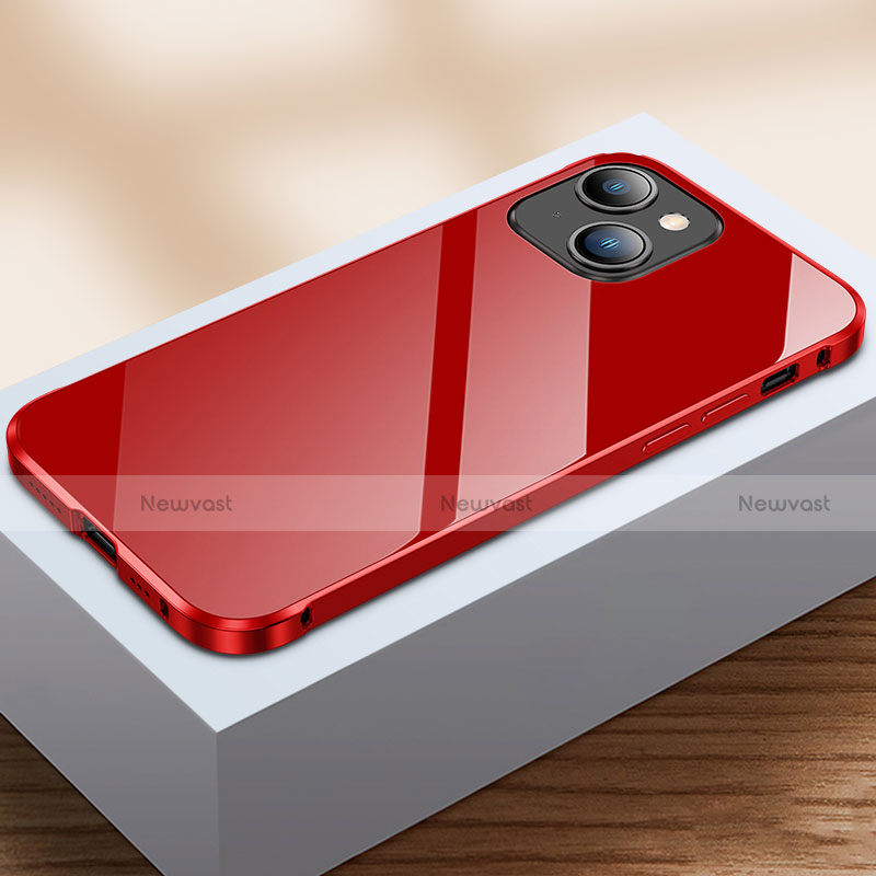 Luxury Aluminum Metal Frame Mirror Cover Case 360 Degrees M07 for Apple iPhone 13 Mini Red