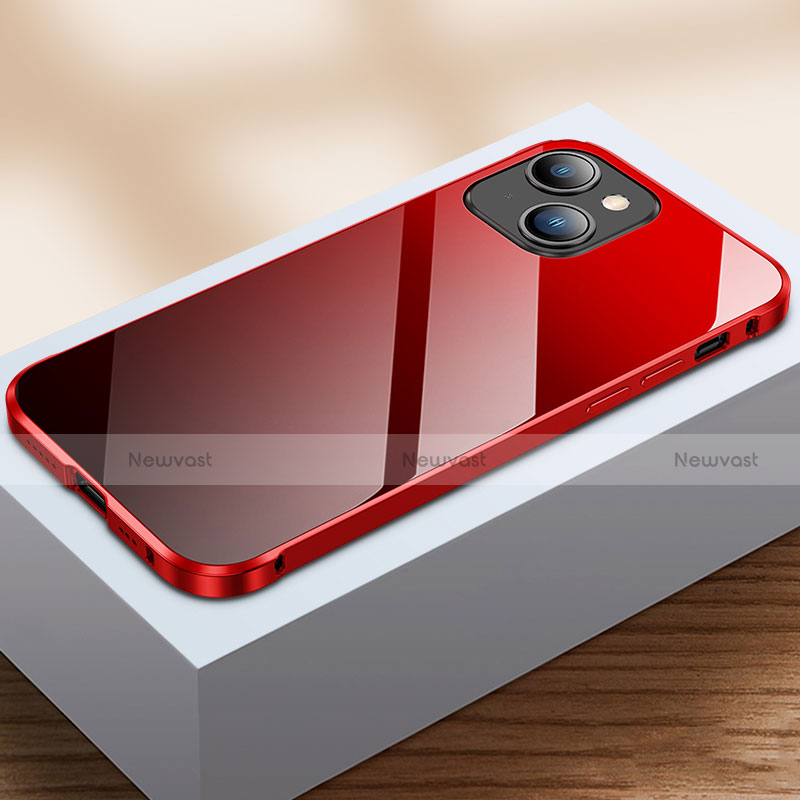 Luxury Aluminum Metal Frame Mirror Cover Case 360 Degrees M07 for Apple iPhone 13 Mini Red and Black