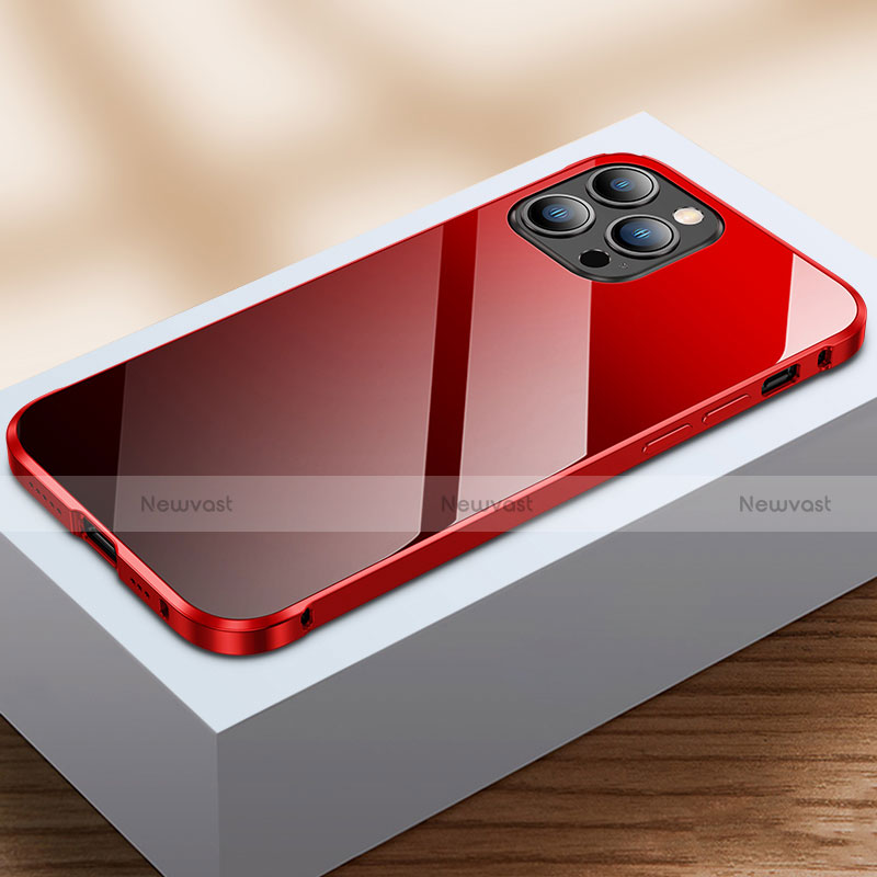 Luxury Aluminum Metal Frame Mirror Cover Case 360 Degrees M07 for Apple iPhone 13 Pro Max Red and Black