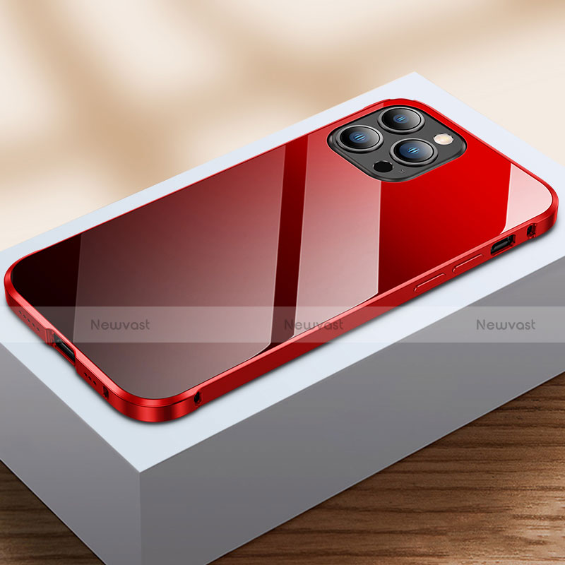 Luxury Aluminum Metal Frame Mirror Cover Case 360 Degrees M07 for Apple iPhone 13 Pro Red and Black