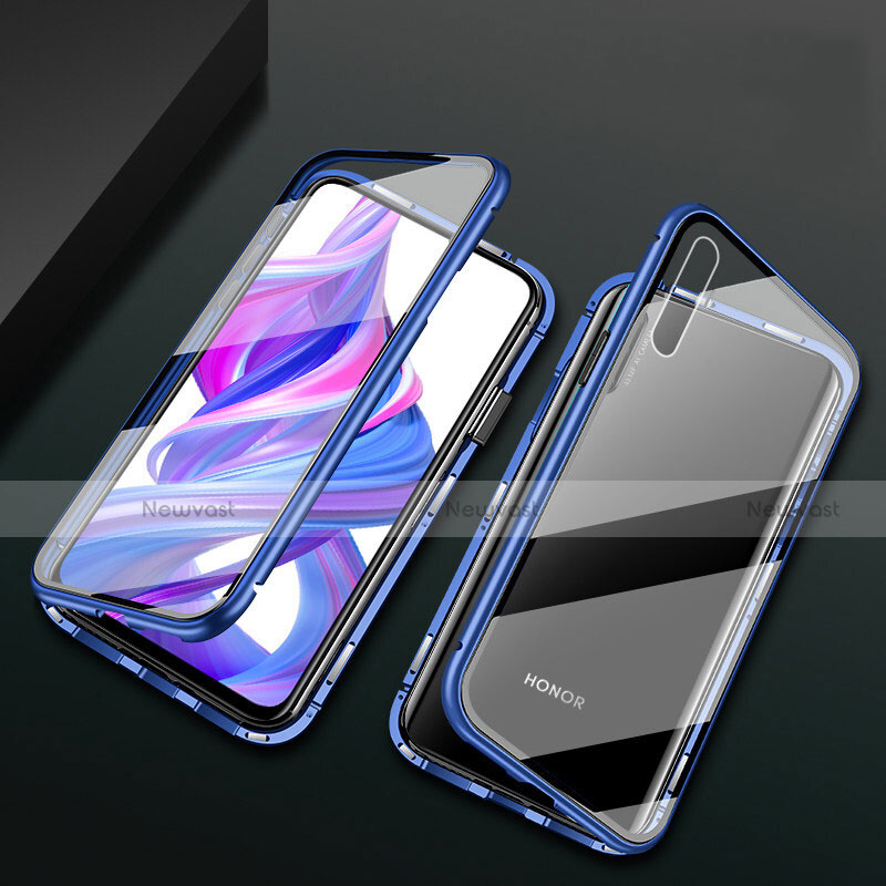 Luxury Aluminum Metal Frame Mirror Cover Case 360 Degrees M07 for Huawei Honor 9X Pro Blue