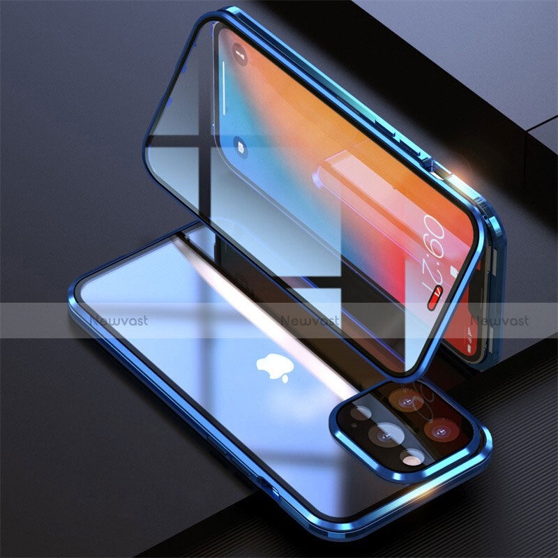 Luxury Aluminum Metal Frame Mirror Cover Case 360 Degrees M08 for Apple iPhone 13 Pro Blue