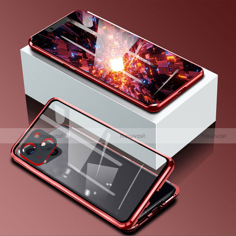 Luxury Aluminum Metal Frame Mirror Cover Case 360 Degrees M09 for Apple iPhone 14 Plus Red