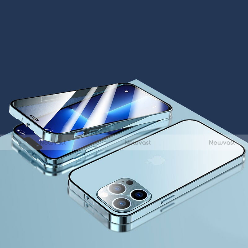 Luxury Aluminum Metal Frame Mirror Cover Case 360 Degrees M10 for Apple iPhone 13 Pro Max Blue