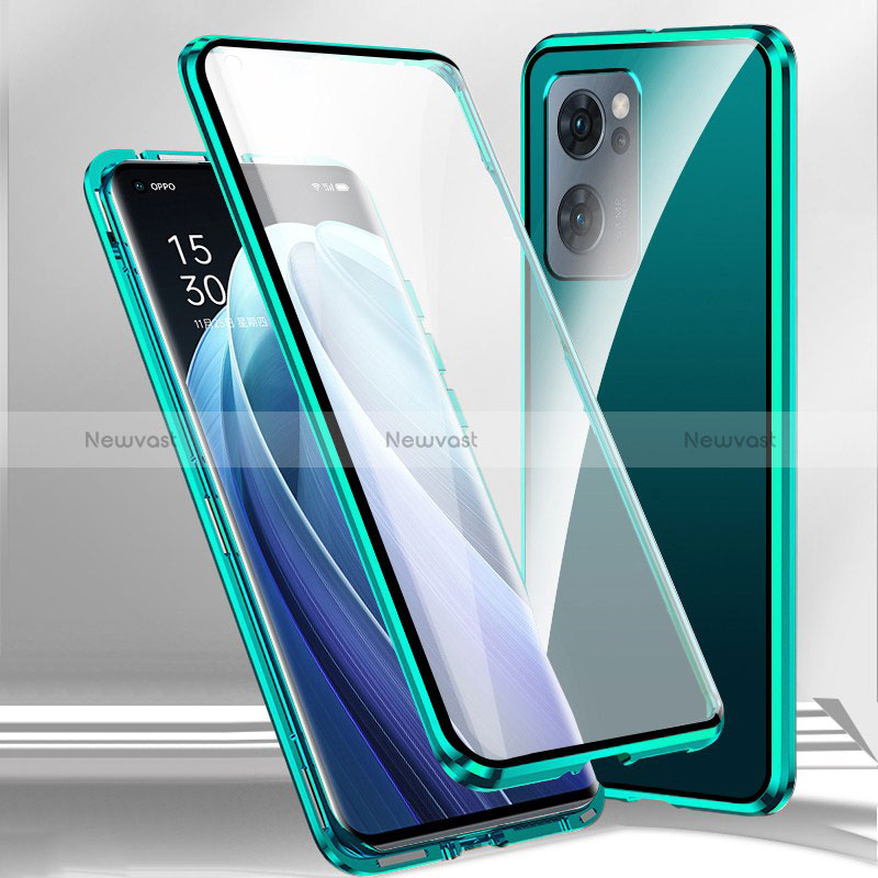 Luxury Aluminum Metal Frame Mirror Cover Case 360 Degrees P01 for Oppo A56S 5G Green