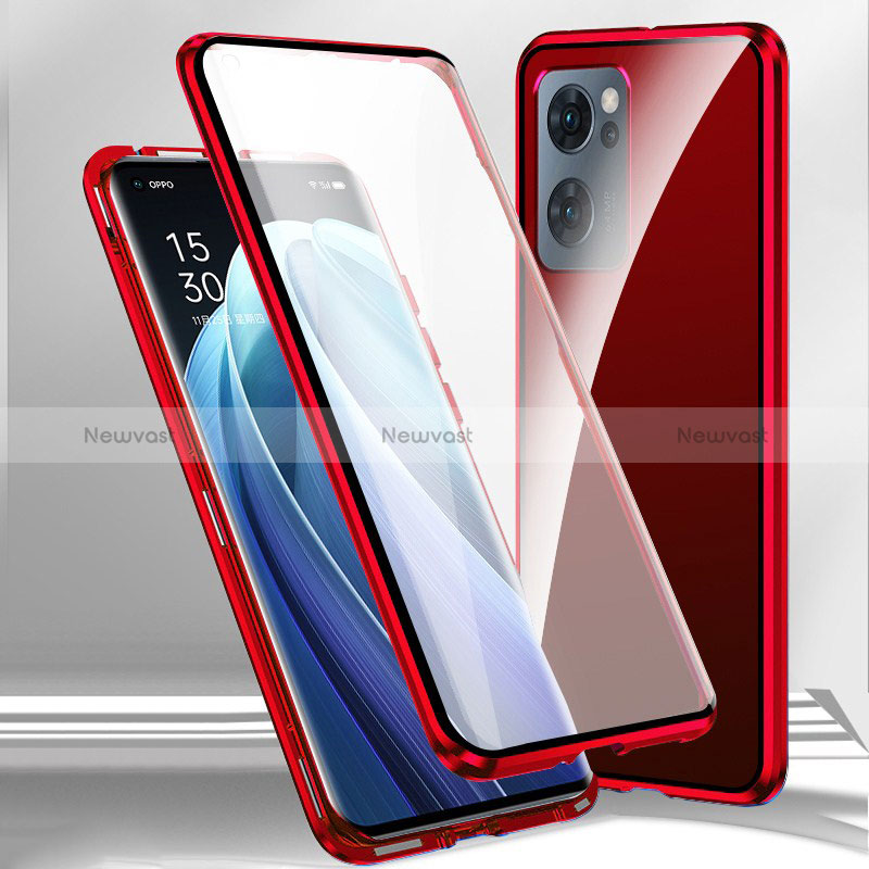 Luxury Aluminum Metal Frame Mirror Cover Case 360 Degrees P01 for Oppo A56S 5G Red