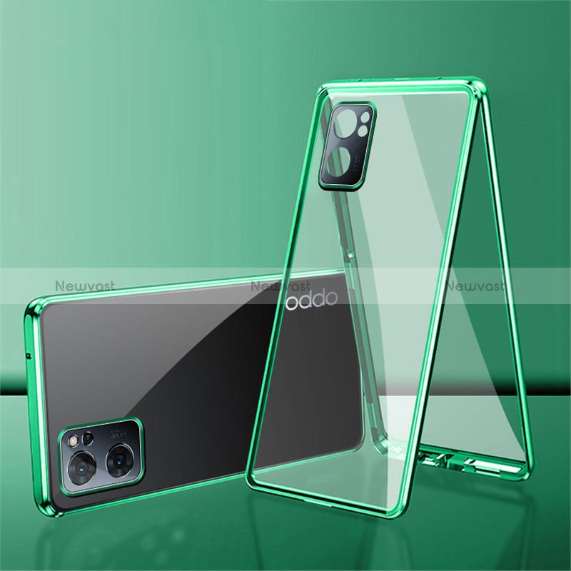 Luxury Aluminum Metal Frame Mirror Cover Case 360 Degrees P01 for Oppo Reno7 SE 5G Green