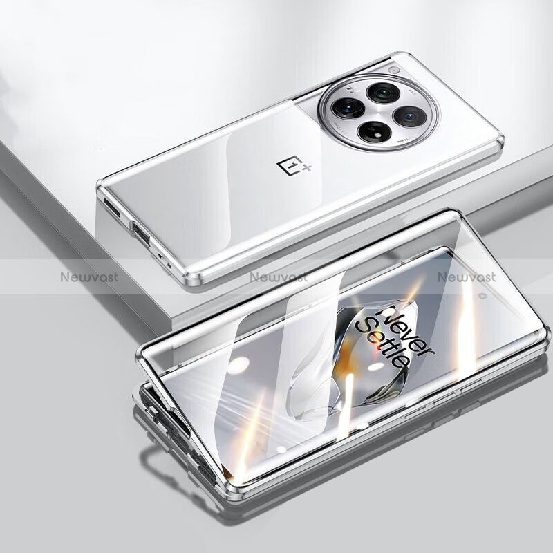 Luxury Aluminum Metal Frame Mirror Cover Case 360 Degrees P02 for OnePlus 12R 5G Silver