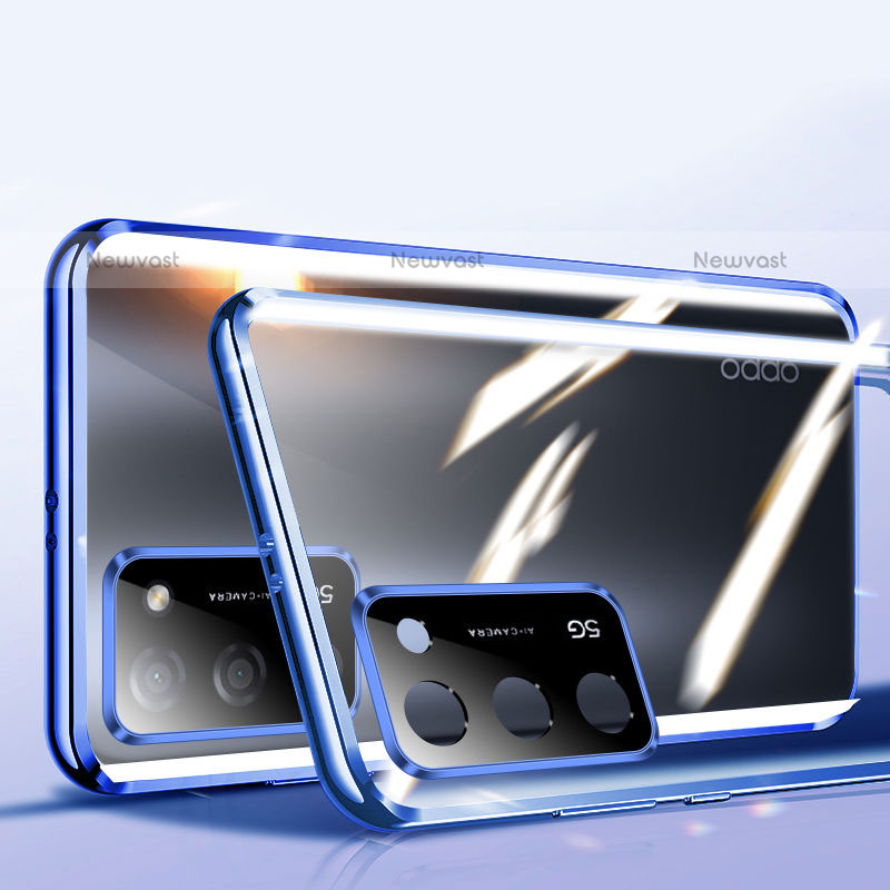 Luxury Aluminum Metal Frame Mirror Cover Case 360 Degrees P02 for Oppo A55S 5G Blue