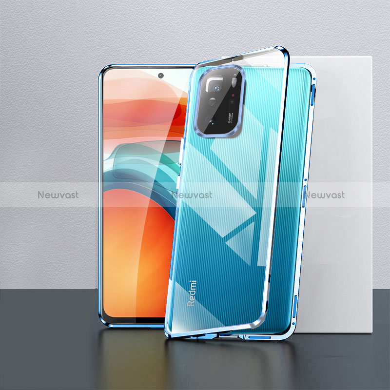 Luxury Aluminum Metal Frame Mirror Cover Case 360 Degrees P02 for Xiaomi Poco X3 GT 5G Blue