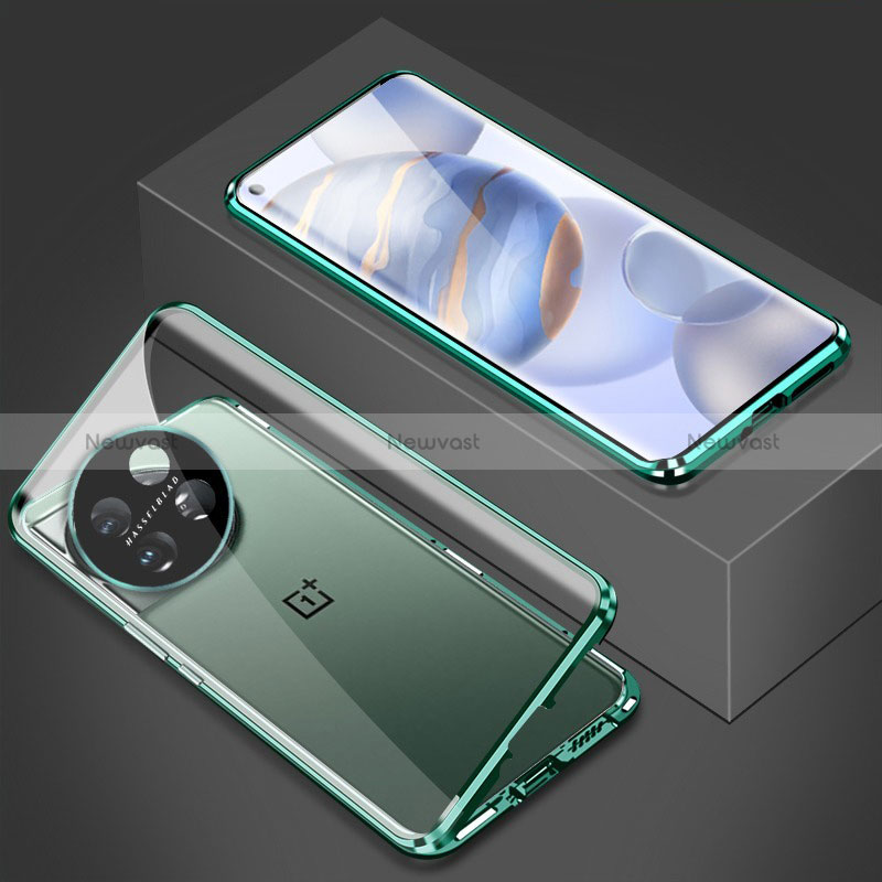 Luxury Aluminum Metal Frame Mirror Cover Case 360 Degrees P03 for OnePlus 11R 5G Green