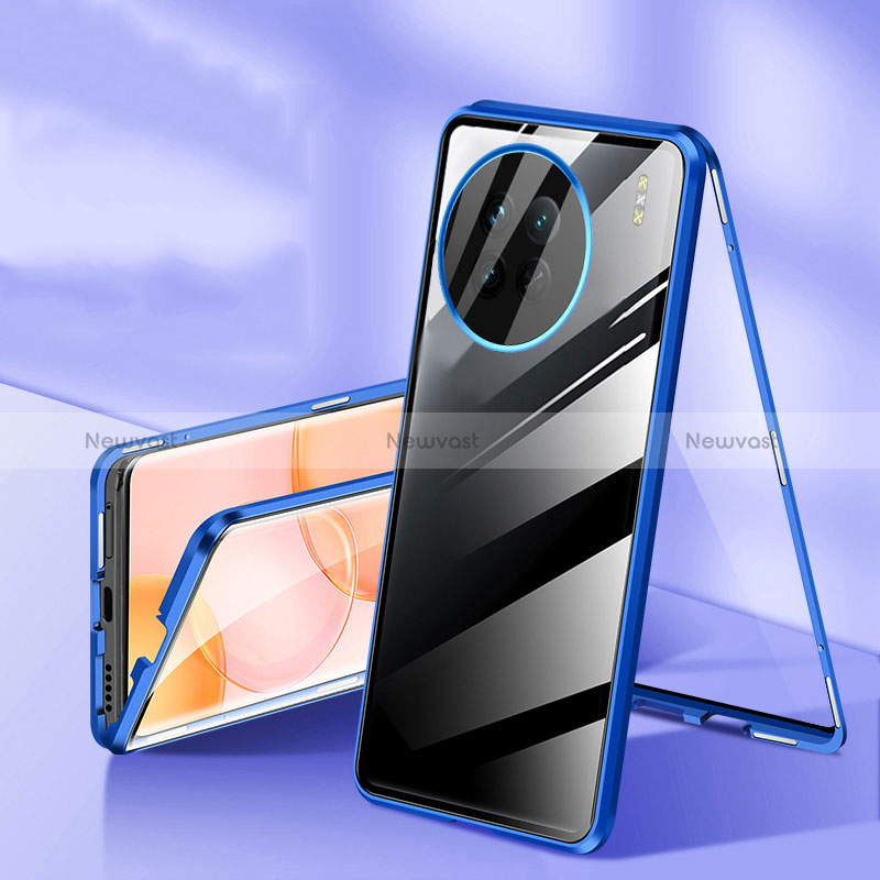 Luxury Aluminum Metal Frame Mirror Cover Case 360 Degrees P04 for OnePlus 11 5G Blue