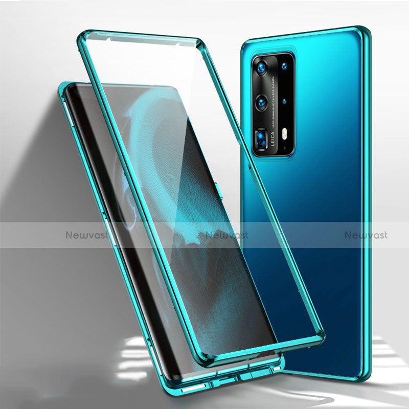 Luxury Aluminum Metal Frame Mirror Cover Case 360 Degrees T01 for Huawei P40 Pro+ Plus Cyan