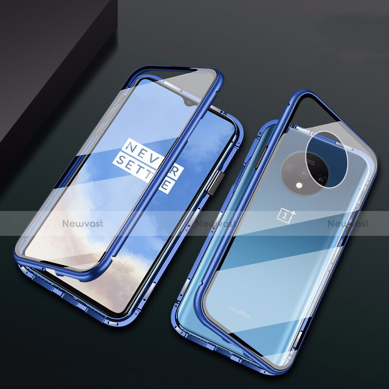 Luxury Aluminum Metal Frame Mirror Cover Case 360 Degrees T01 for OnePlus 7T Blue