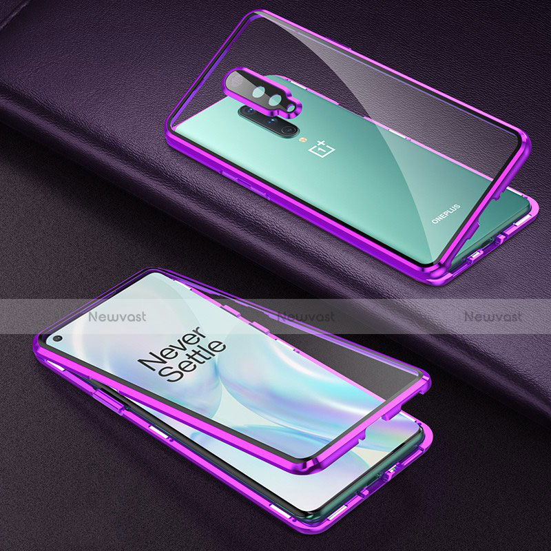 Luxury Aluminum Metal Frame Mirror Cover Case 360 Degrees T01 for OnePlus 8 Purple