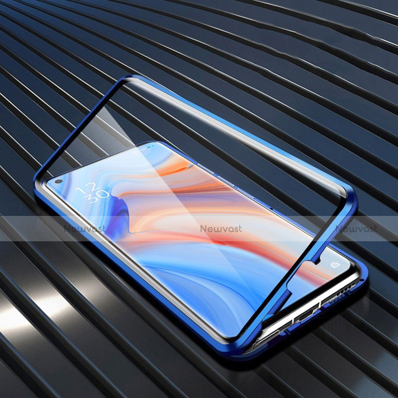 Luxury Aluminum Metal Frame Mirror Cover Case 360 Degrees T02 for Oppo Reno4 5G Blue