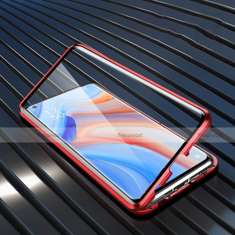 Luxury Aluminum Metal Frame Mirror Cover Case 360 Degrees T02 for Oppo Reno4 Pro 5G Red