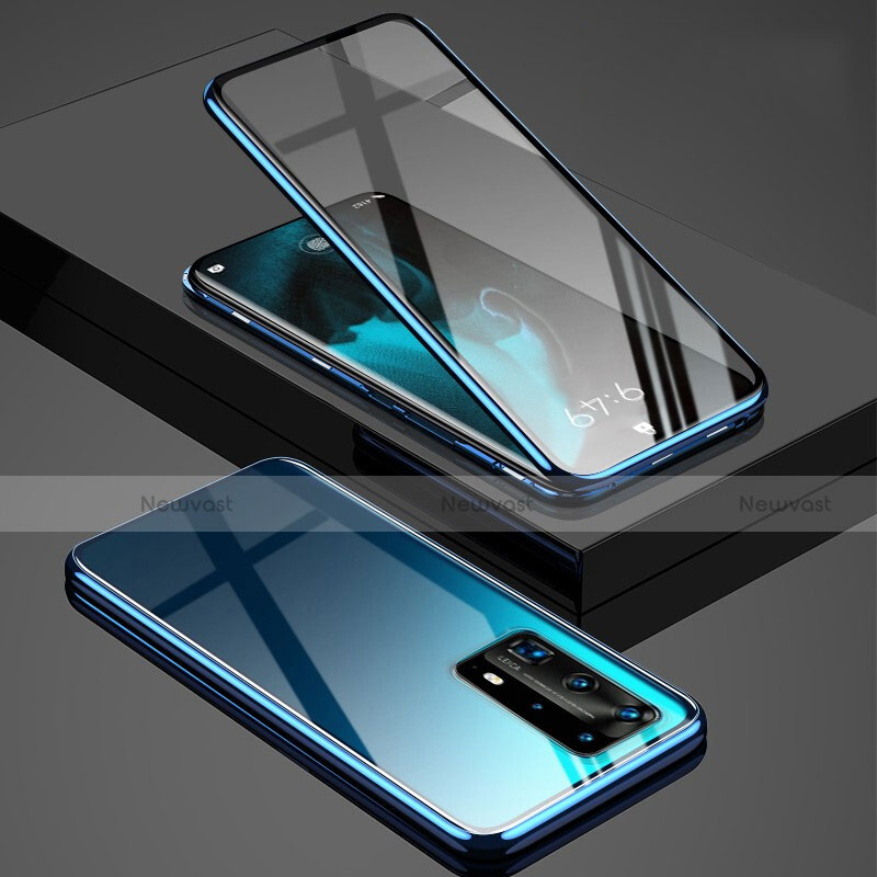 Luxury Aluminum Metal Frame Mirror Cover Case 360 Degrees T03 for Huawei P40 Pro+ Plus Blue