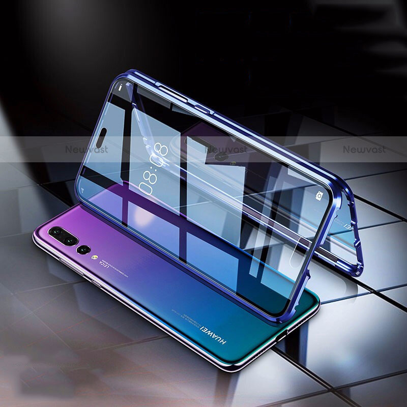 Luxury Aluminum Metal Frame Mirror Cover Case 360 Degrees T04 for Huawei P20 Pro Blue