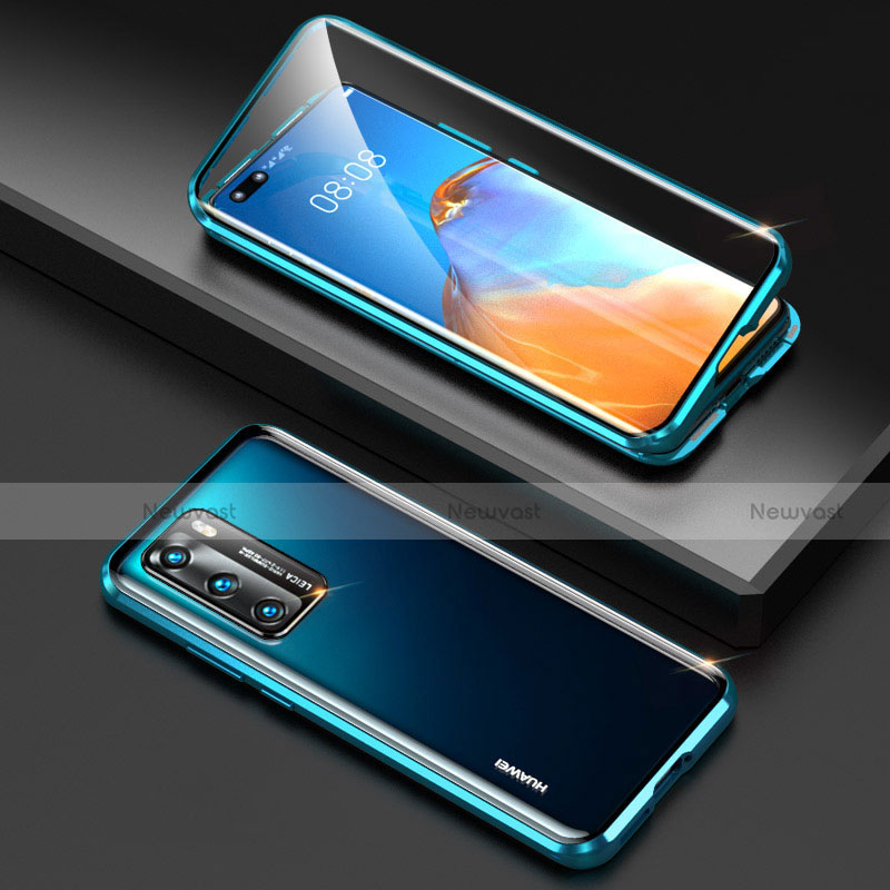 Luxury Aluminum Metal Frame Mirror Cover Case 360 Degrees T04 for Huawei P40 Blue
