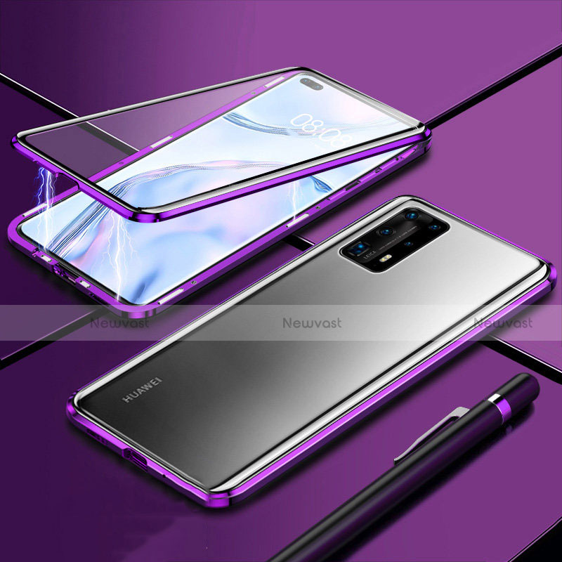 Luxury Aluminum Metal Frame Mirror Cover Case 360 Degrees T04 for Huawei P40 Pro+ Plus Purple