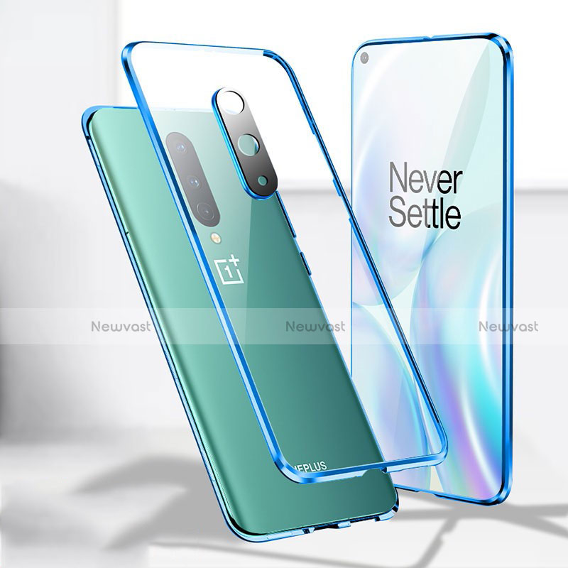 Luxury Aluminum Metal Frame Mirror Cover Case 360 Degrees T04 for OnePlus 8 Blue