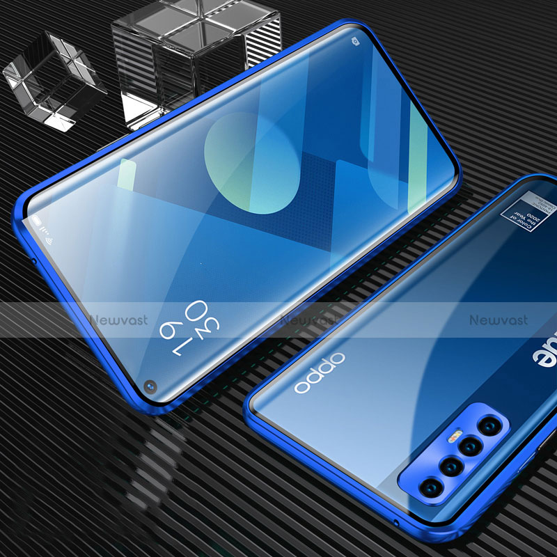 Luxury Aluminum Metal Frame Mirror Cover Case 360 Degrees T04 for Oppo Find X2 Neo Blue