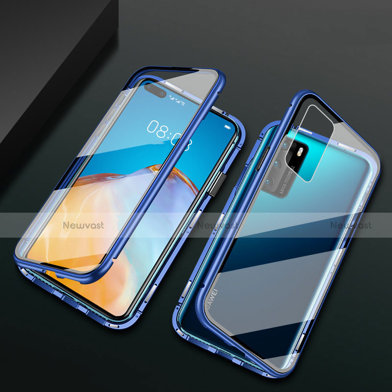 Luxury Aluminum Metal Frame Mirror Cover Case 360 Degrees T05 for Huawei P40 Blue