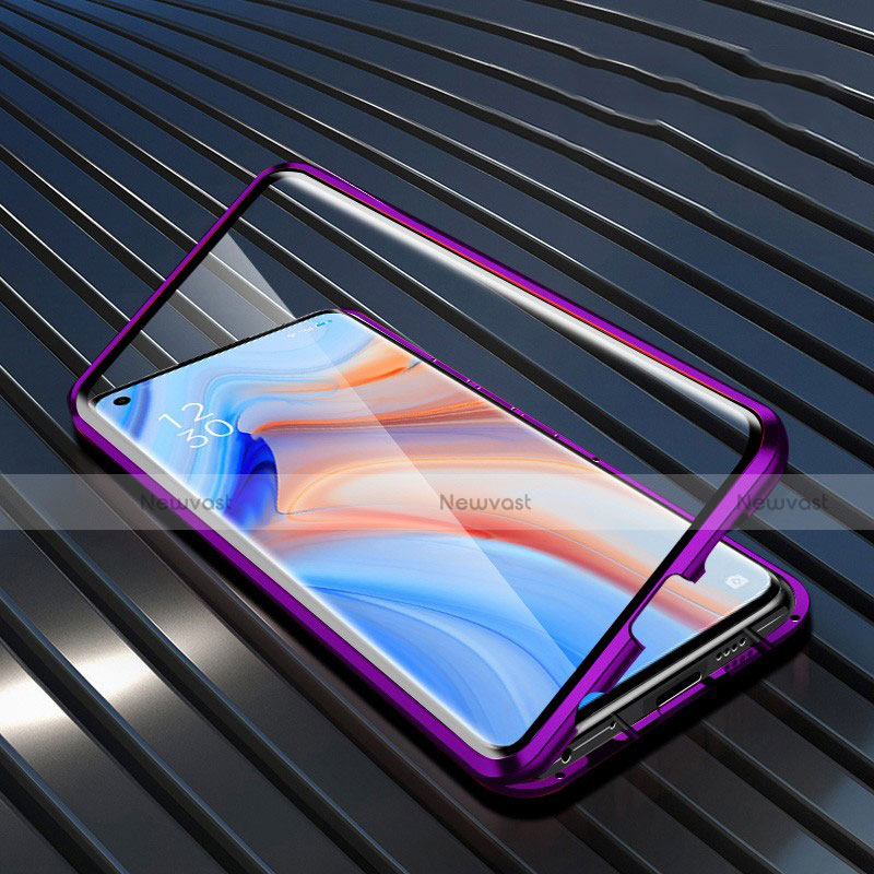 Luxury Aluminum Metal Frame Mirror Cover Case 360 Degrees T05 for Oppo Reno4 5G Purple