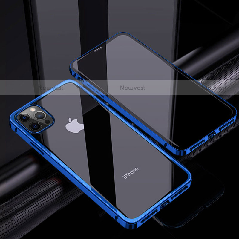 Luxury Aluminum Metal Frame Mirror Cover Case 360 Degrees T06 for Apple iPhone 12 Pro Blue