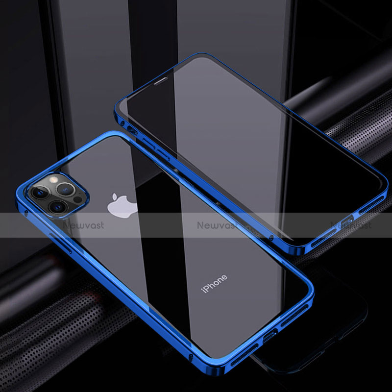 Luxury Aluminum Metal Frame Mirror Cover Case 360 Degrees T06 for Apple iPhone 12 Pro Max Blue