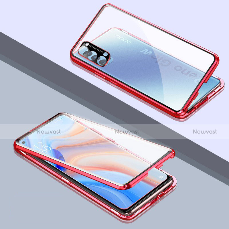 Luxury Aluminum Metal Frame Mirror Cover Case 360 Degrees T06 for Oppo Reno4 5G Red