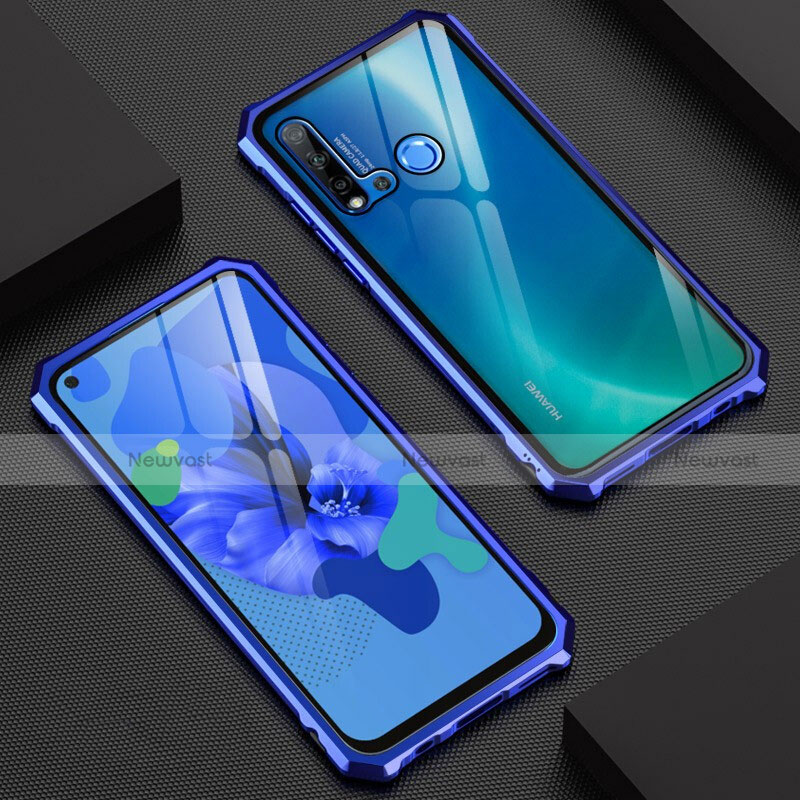 Luxury Aluminum Metal Frame Mirror Cover Case 360 Degrees T07 for Huawei P20 Lite (2019) Blue