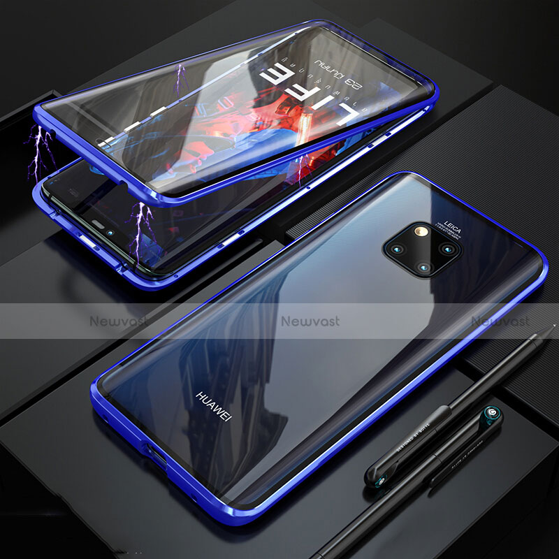 Luxury Aluminum Metal Frame Mirror Cover Case 360 Degrees T10 for Huawei Mate 20 Pro Blue