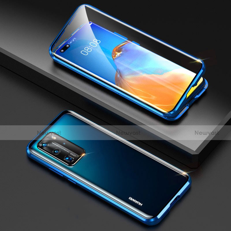 Luxury Aluminum Metal Frame Mirror Cover Case 360 Degrees T10 for Huawei P40 Pro Blue