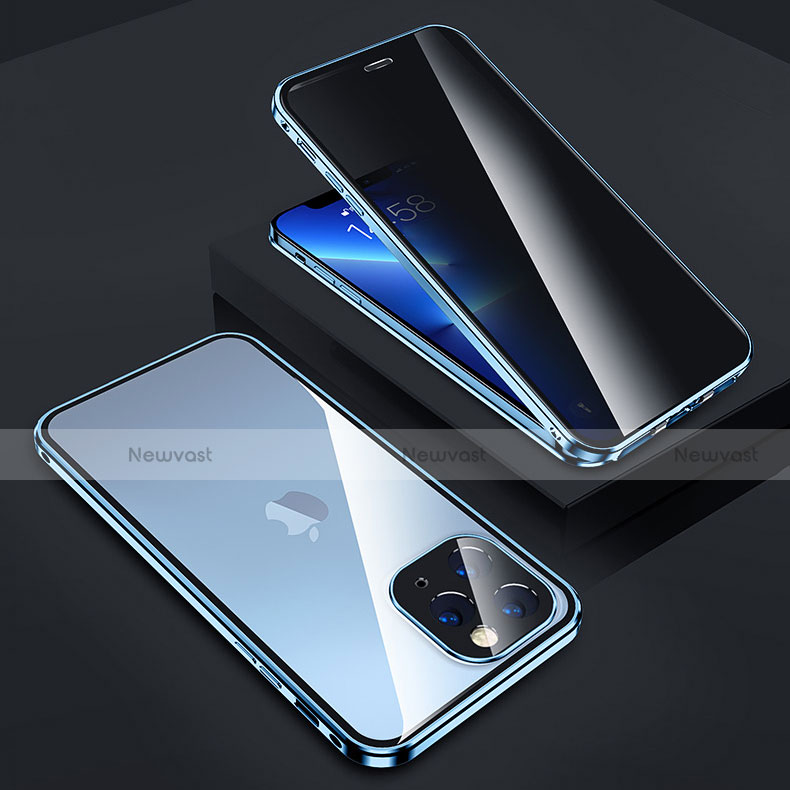 Luxury Aluminum Metal Frame Mirror Cover Case 360 Degrees Z05 for Apple iPhone 13 Pro Max Blue